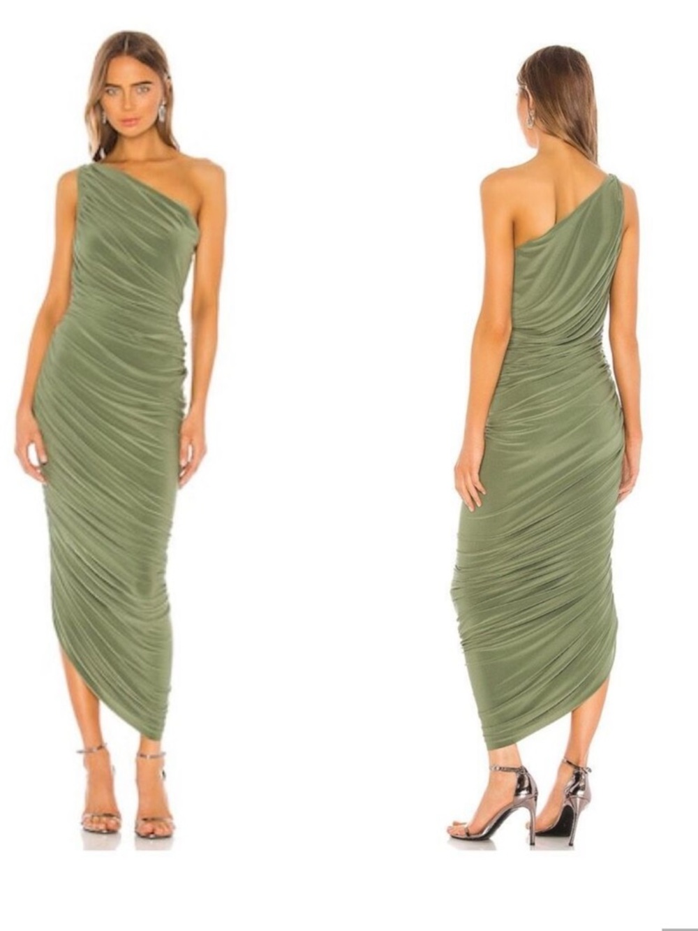 Norma Kamali x Revolve Diana Rouching Maxi One Shoulder Celadon Green Dress, S